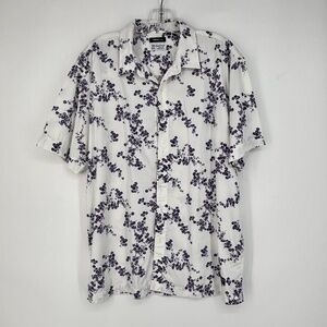Superdry Mens XL Button Up Shirt White Blue Purple Floral Modal Cotton Short Slv
